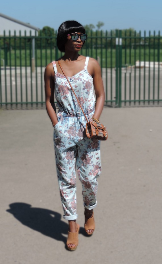 floral denim jumpsuit